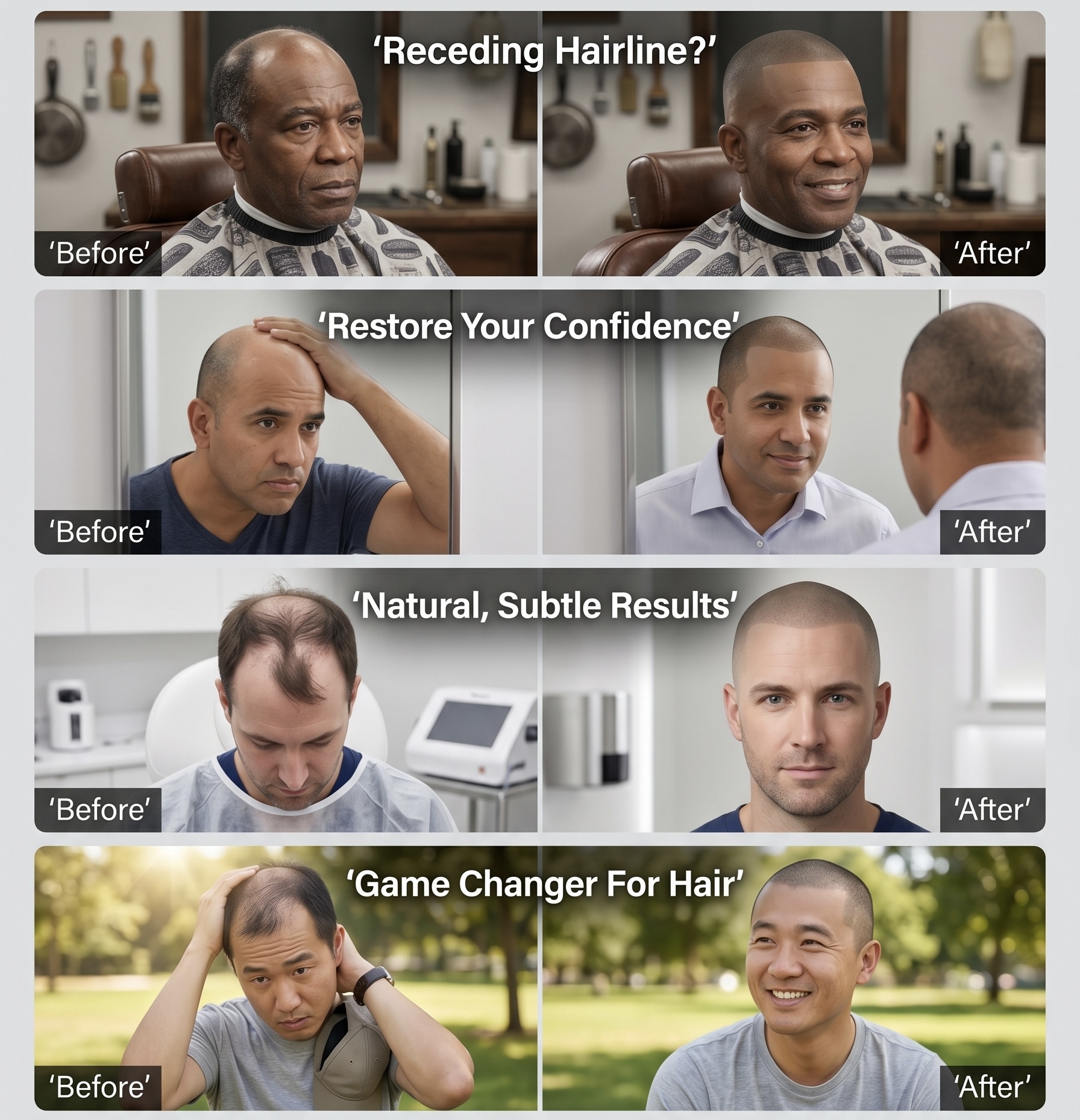 Before and after SMP transformations — receding hairline, confidence, natural results