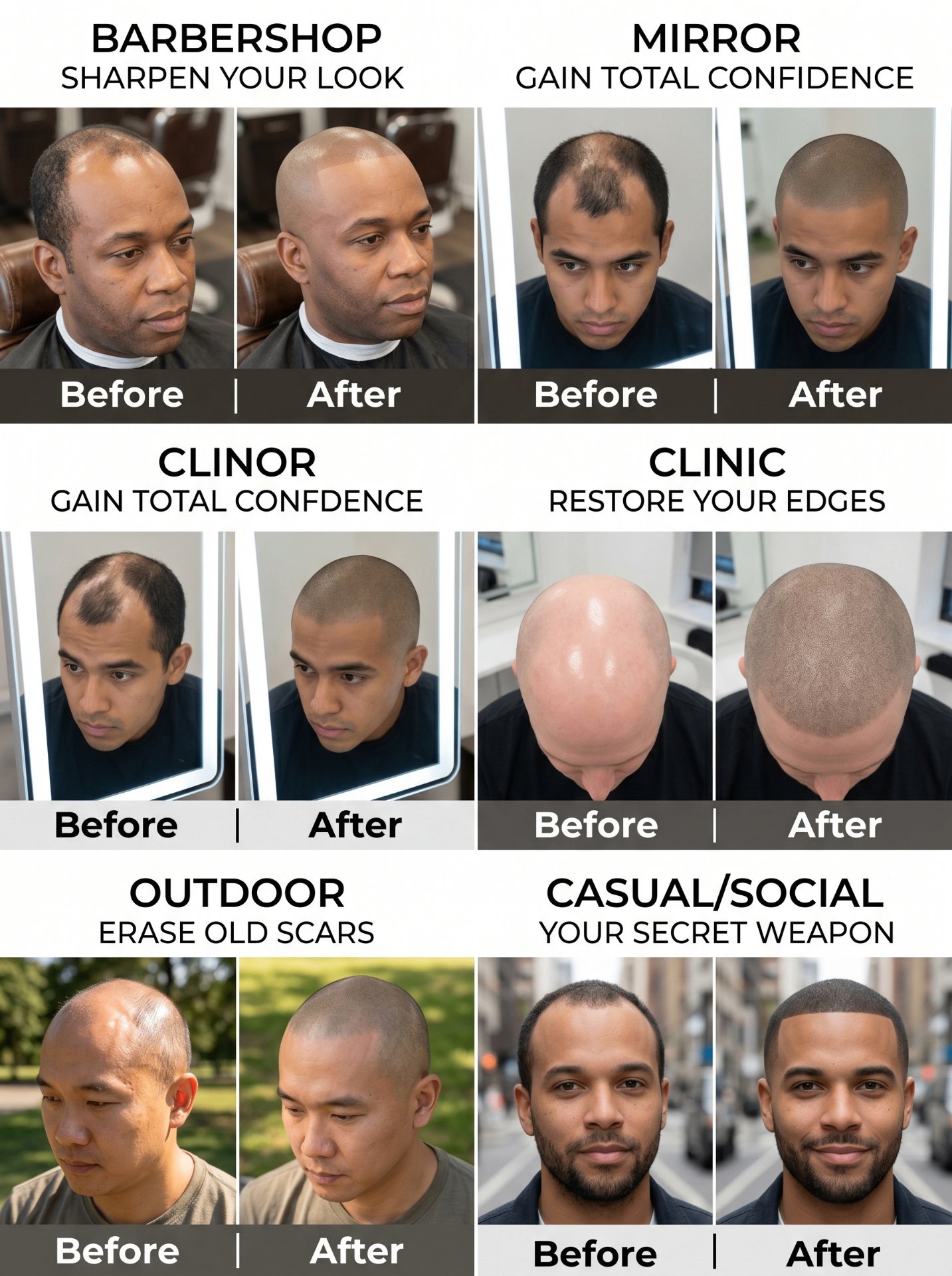 GQ Experience SMP transformations — barbershop, mirror, clinic, outdoor and social settings